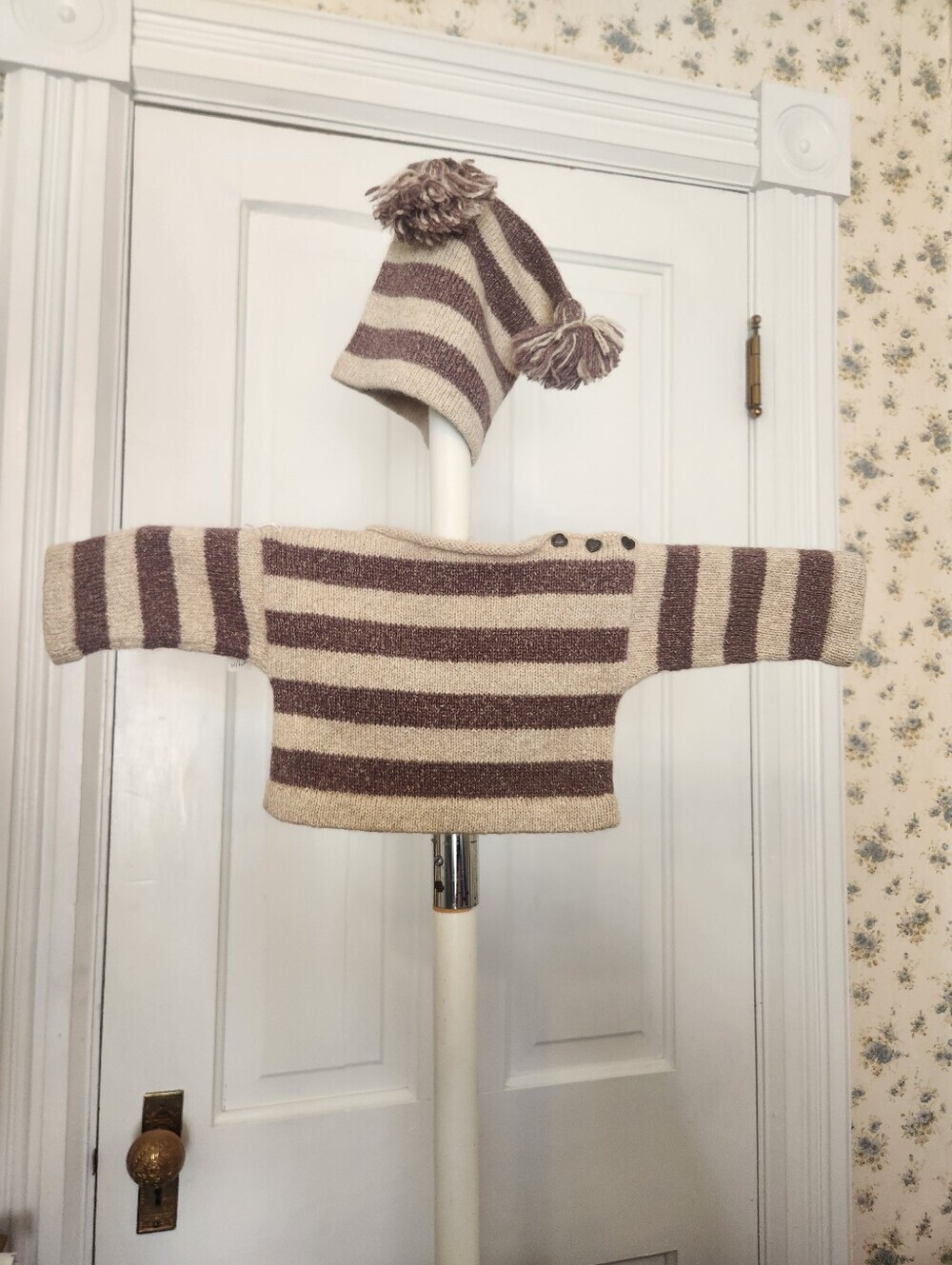 100% American Cashmere Grape Striped Baby Sweater + Square Pom Pom Hat Sz 3-6 Mo